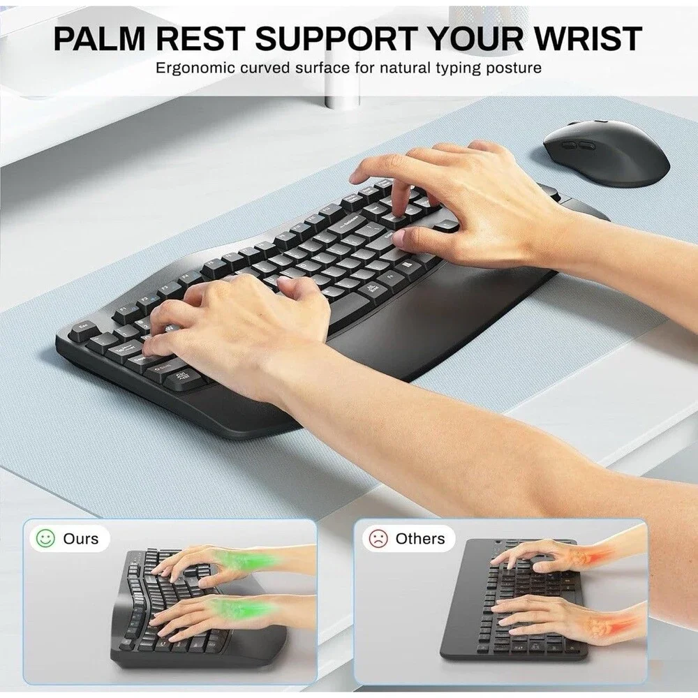 Wireless Keyboard and Mouse Combo,2.4G Full Size Wave Keys Ergonomic Keyboard